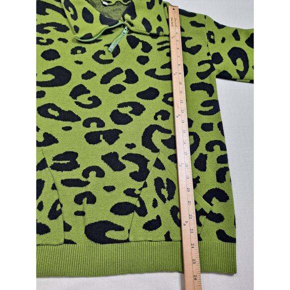 Women's Large Sweater Lime Green/Black Leopard Print Quarter Zip Neckline - Picture 11 of 11